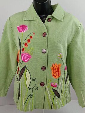 VTG Daniel K New York Women's L Green Floral Embroidered Button Up Jacket